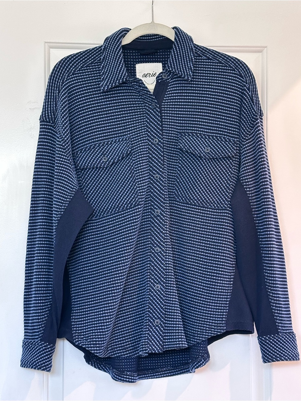 aerie Navy and White Striped Button-Down Shirt